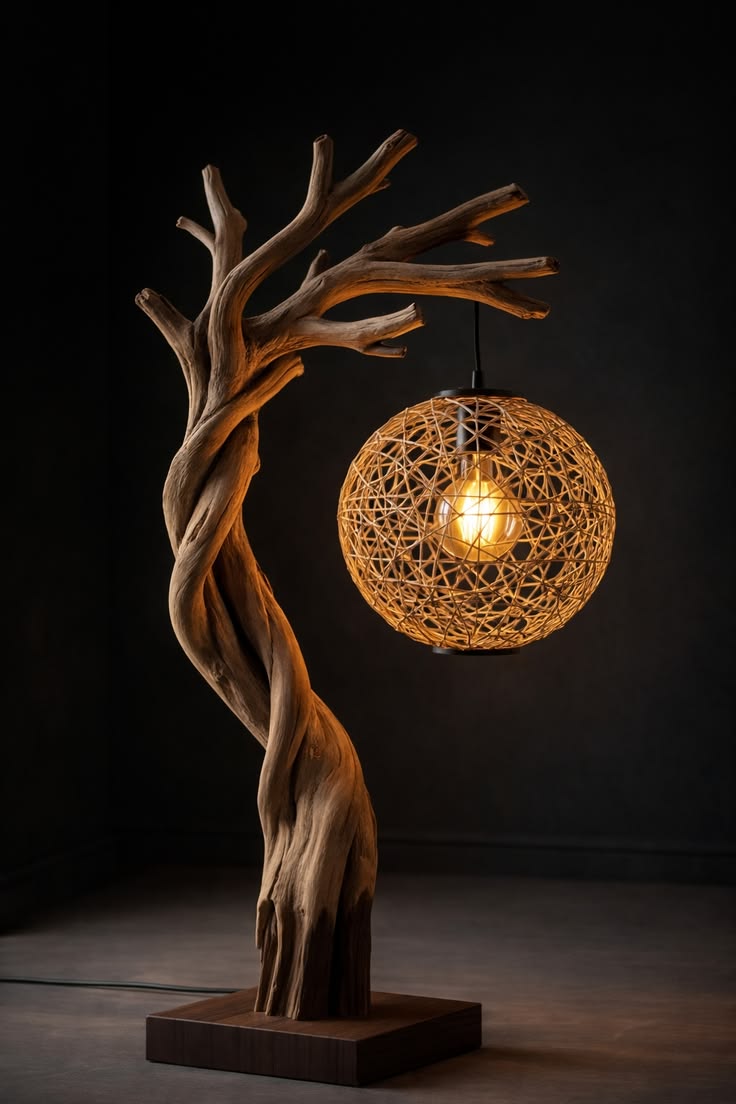 Rustic Tree Lamp Design with Woven Pendant Light and Natural Wood Decor